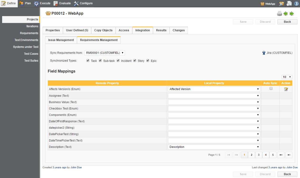 The Project Details Requirements Management Page