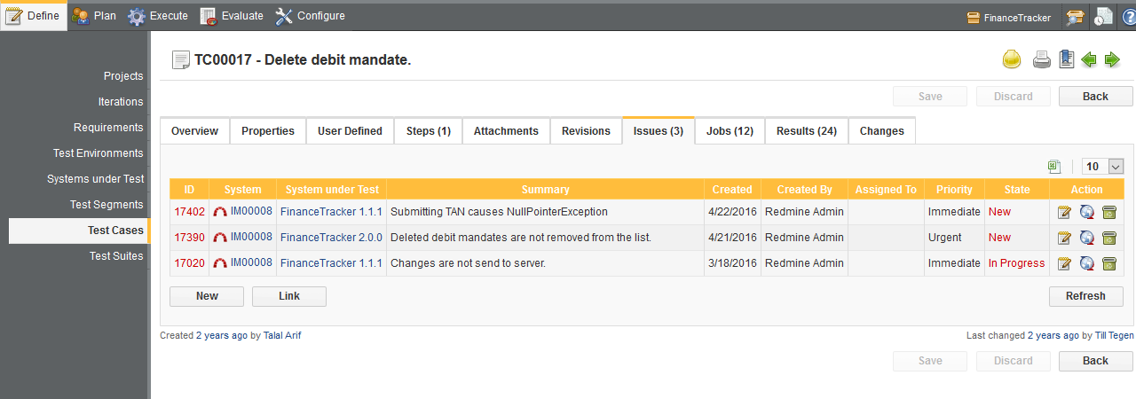 The Test Case Issues Screen