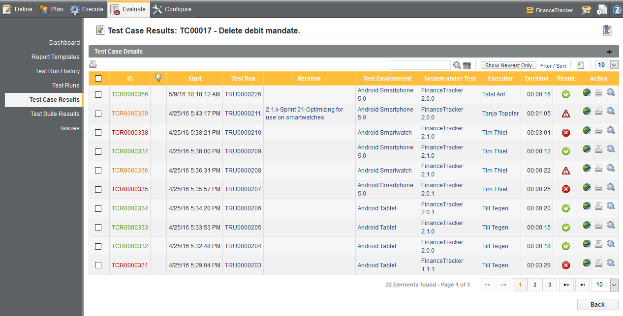 The Single Test Case Results Screen