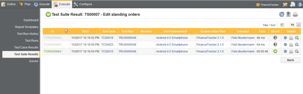 The Test Suite Results Screen - Test Results