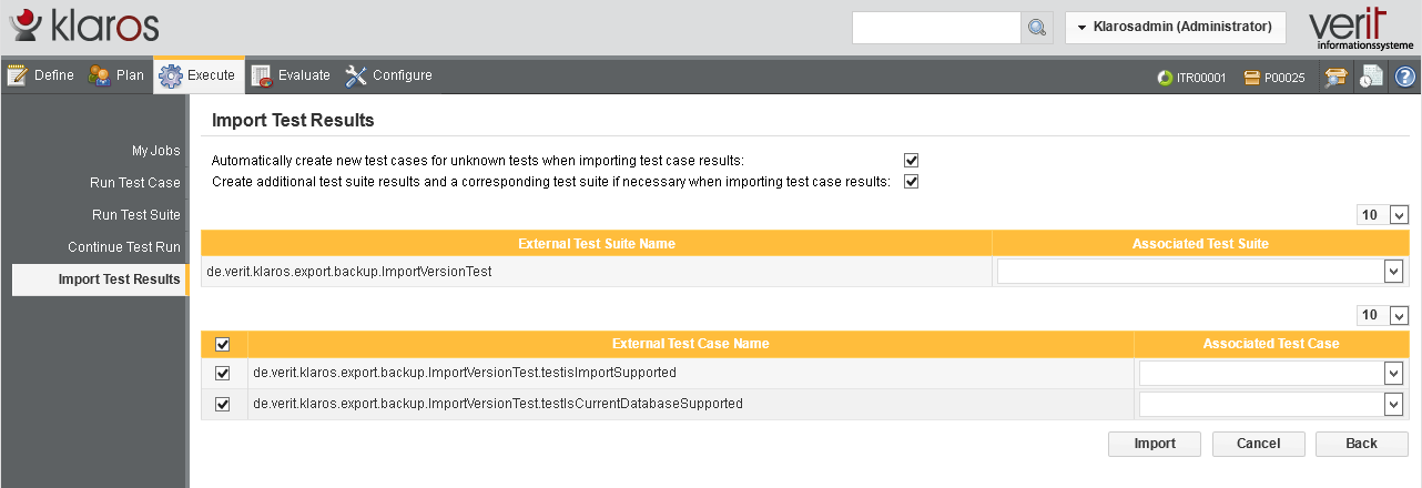 The Import Test Results Page