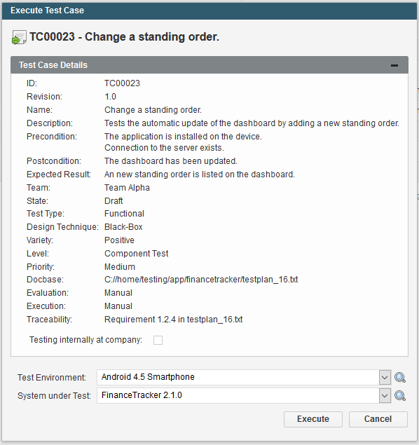 The Single Test Case Execution Dialog