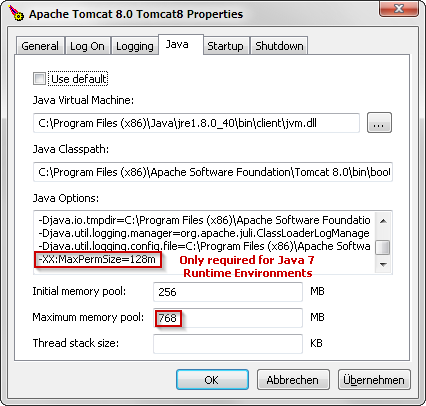 Additional Tomcat memory settings