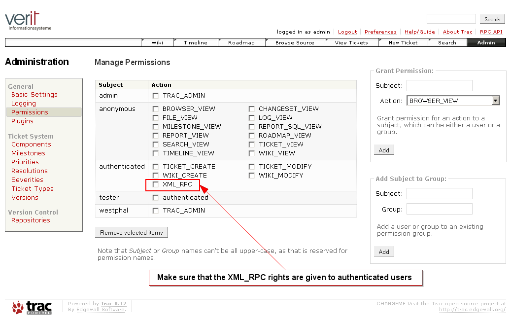 Trac Permissions Section