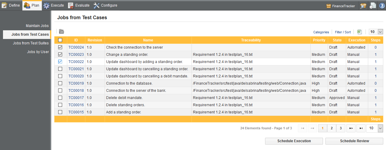 The Jobs from Test Cases Screen