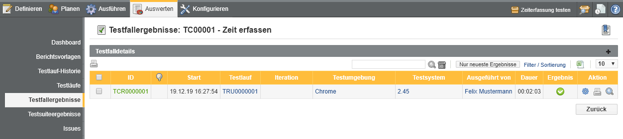 Die Testfallergebnis-Detailseite