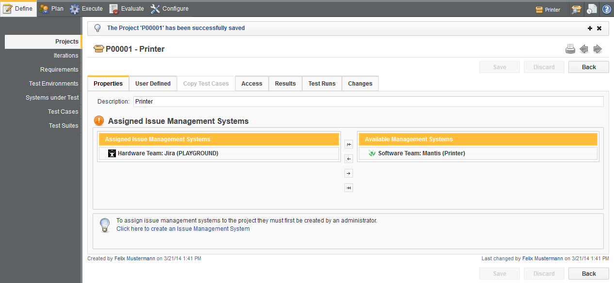 The Properties tab in the Project page