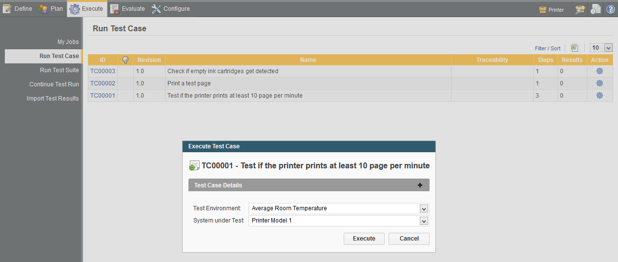 The Run Test Case page