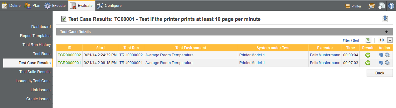 The Test Case Result page