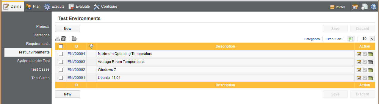 The Test Environment page