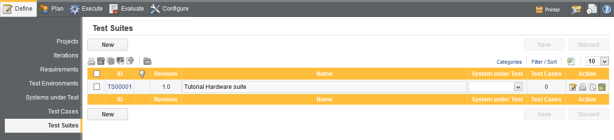 The Test Suites page