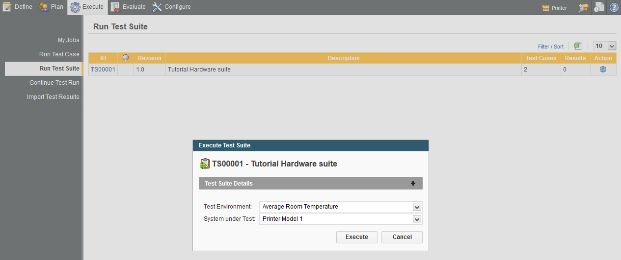 The Run Test Suite page