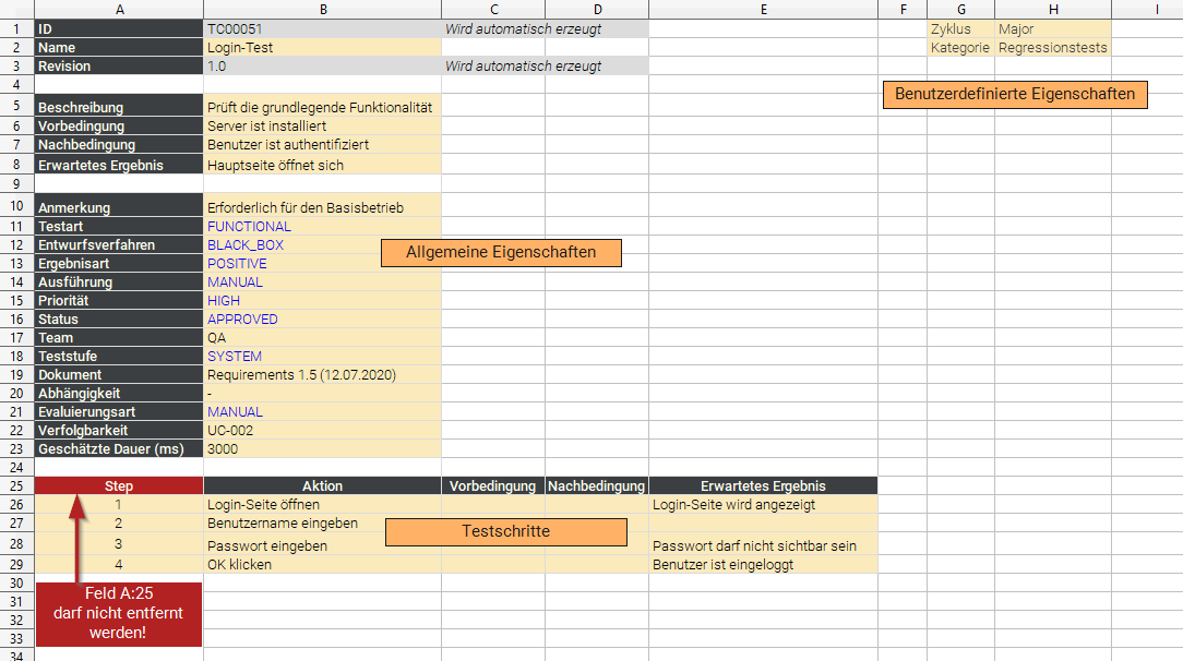 Beispiel für einen Testfall in Excel