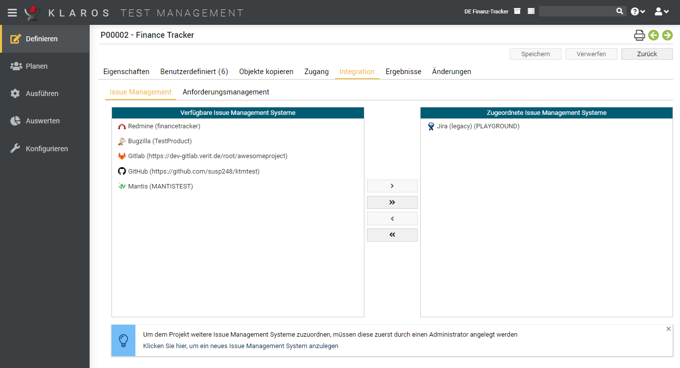 Die Ansicht „Integration/Issue Management“