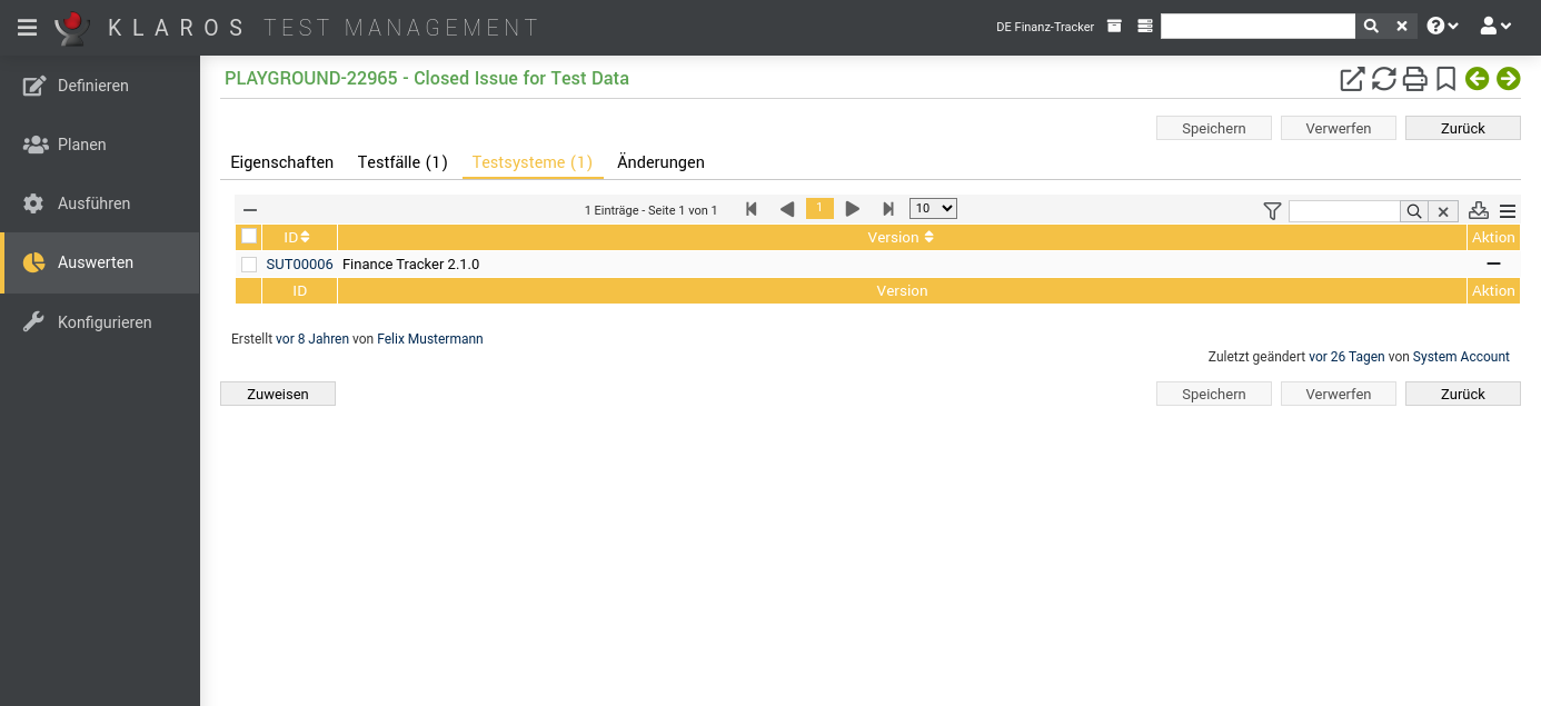 Die Ansicht „Testsysteme“