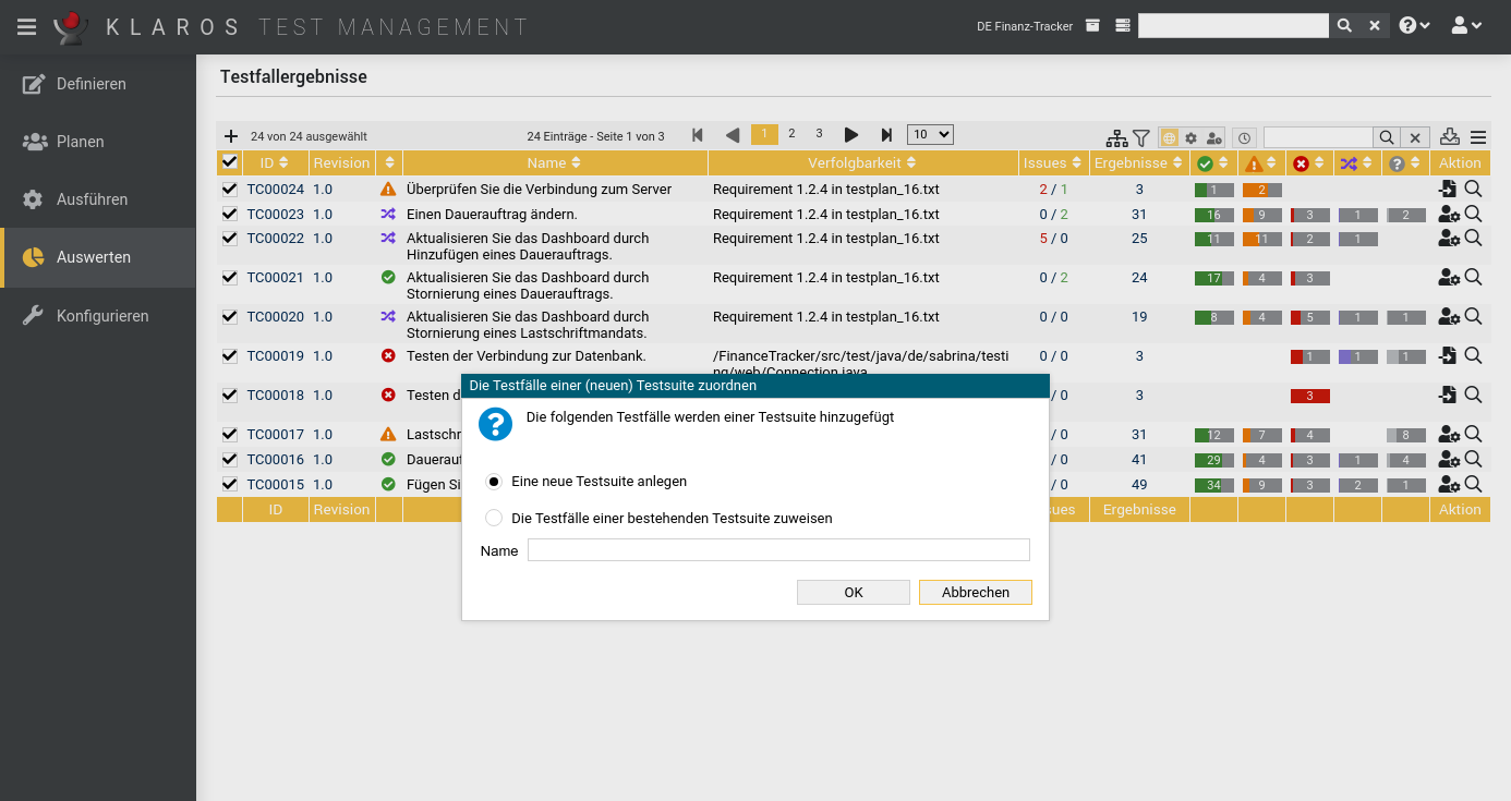 Der Dialog „Testfälle zu Testsuite hinzufügen“