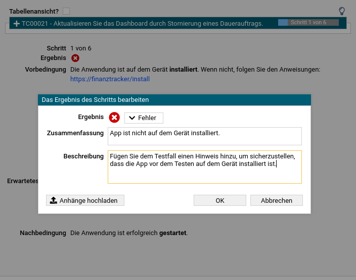 Der Dialog „Testschrittergebnis bearbeiten“