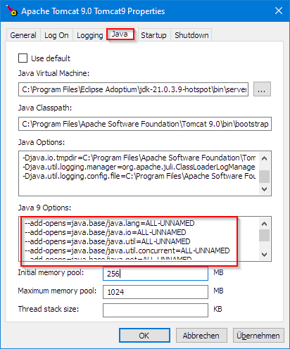 Zusätzliche Tomcat Speichereinstellungen und Java Optionen