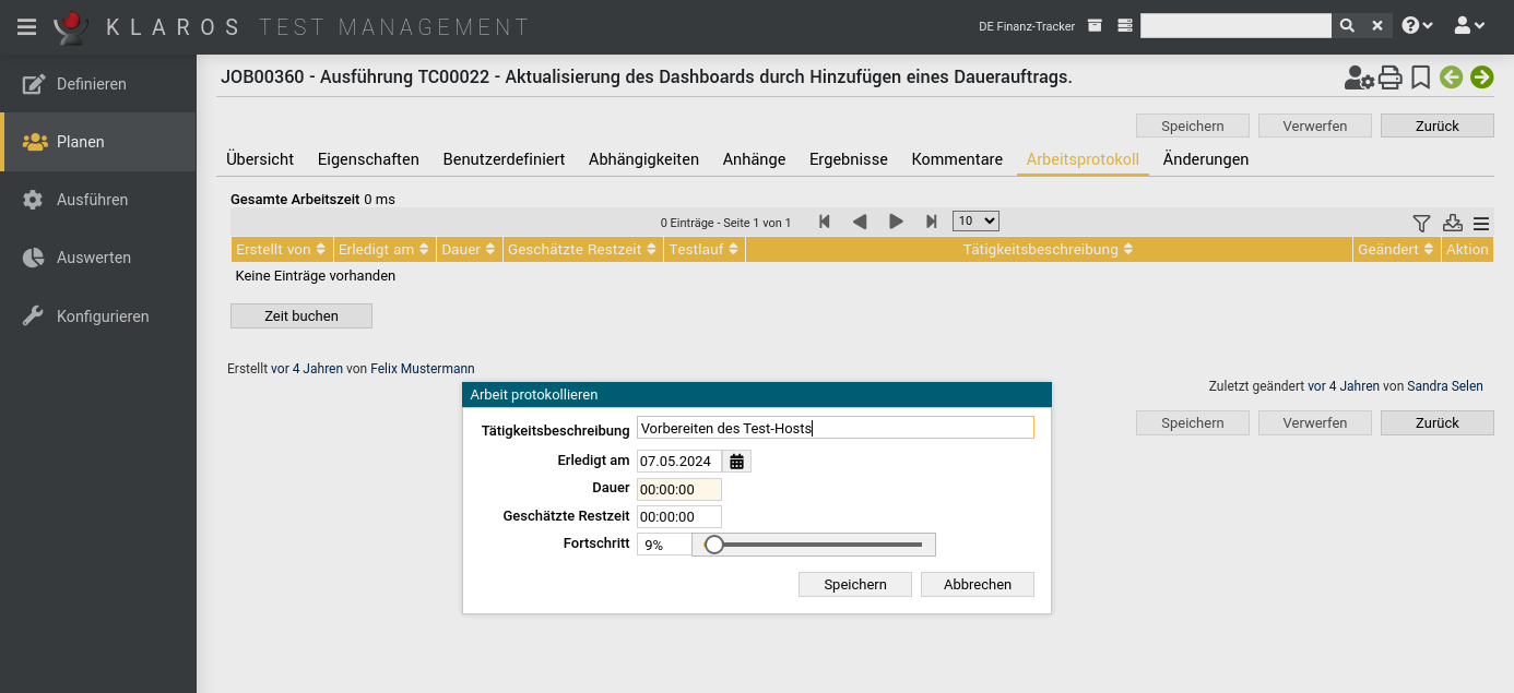 Der Dialog „Arbeit protokollieren“