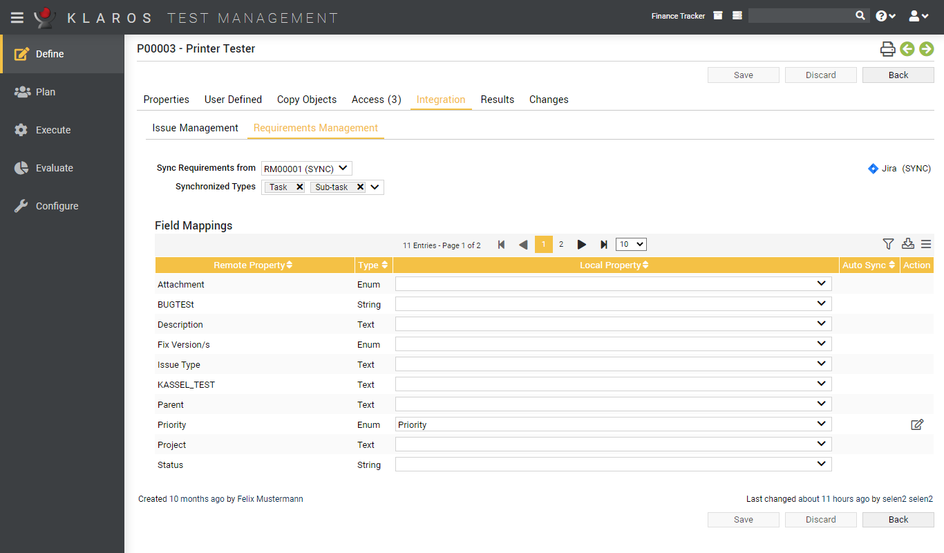 The “Integration/Requirements Management” Tab