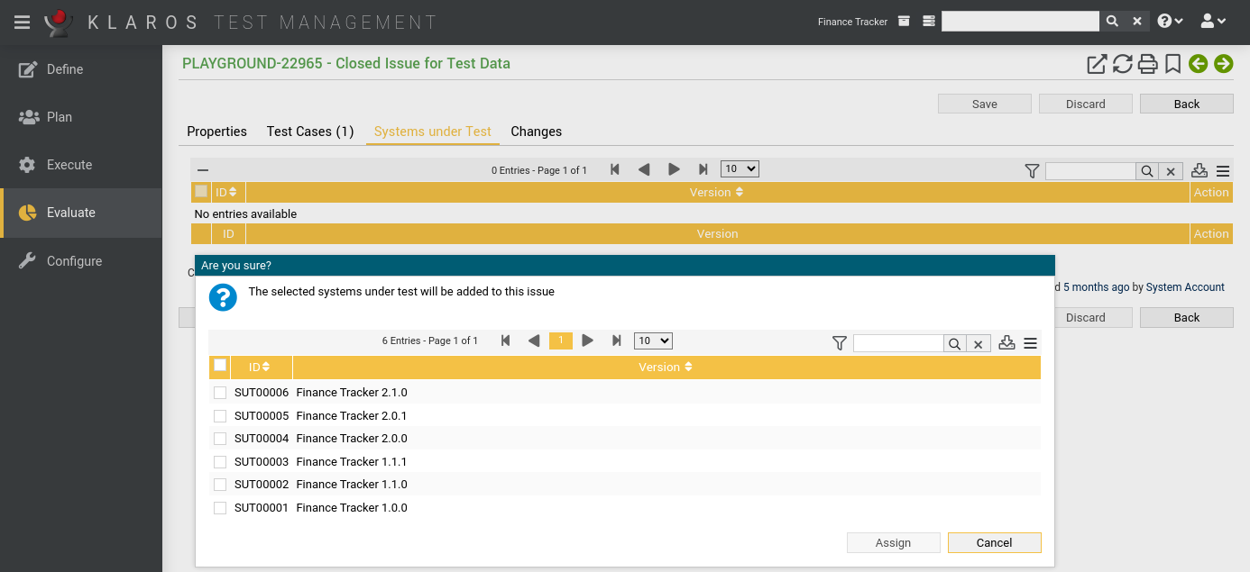 The “Assign Systems under test” Dialog