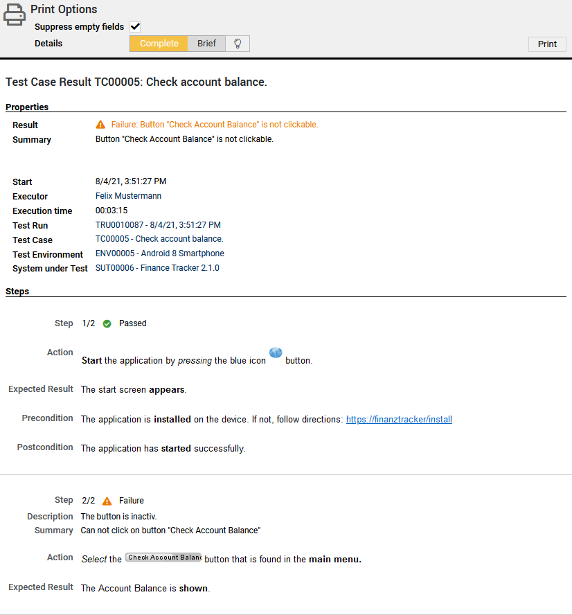 The “Test Case Result” Print Page