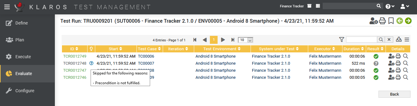 Viewing the Reason for Skipping a Test Case