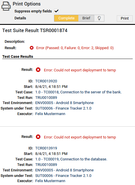 The “Test Suite Result” Print View