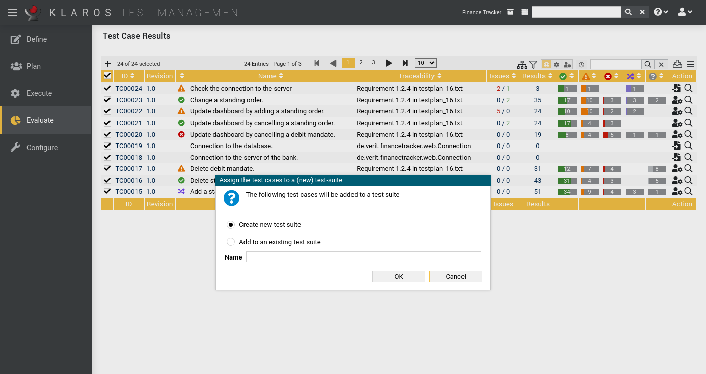 The “Add test cases to test suite” Dialog