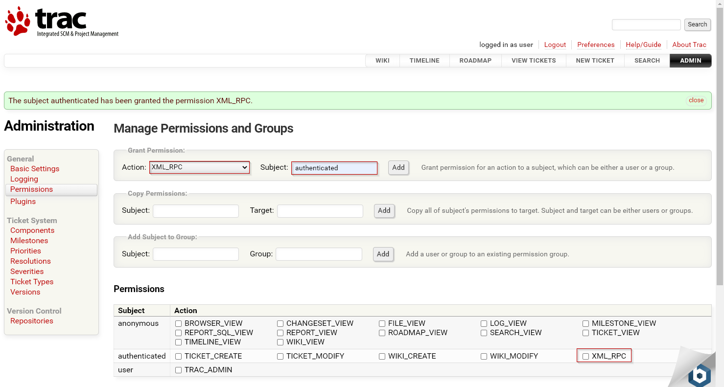 The Trac Permission Section