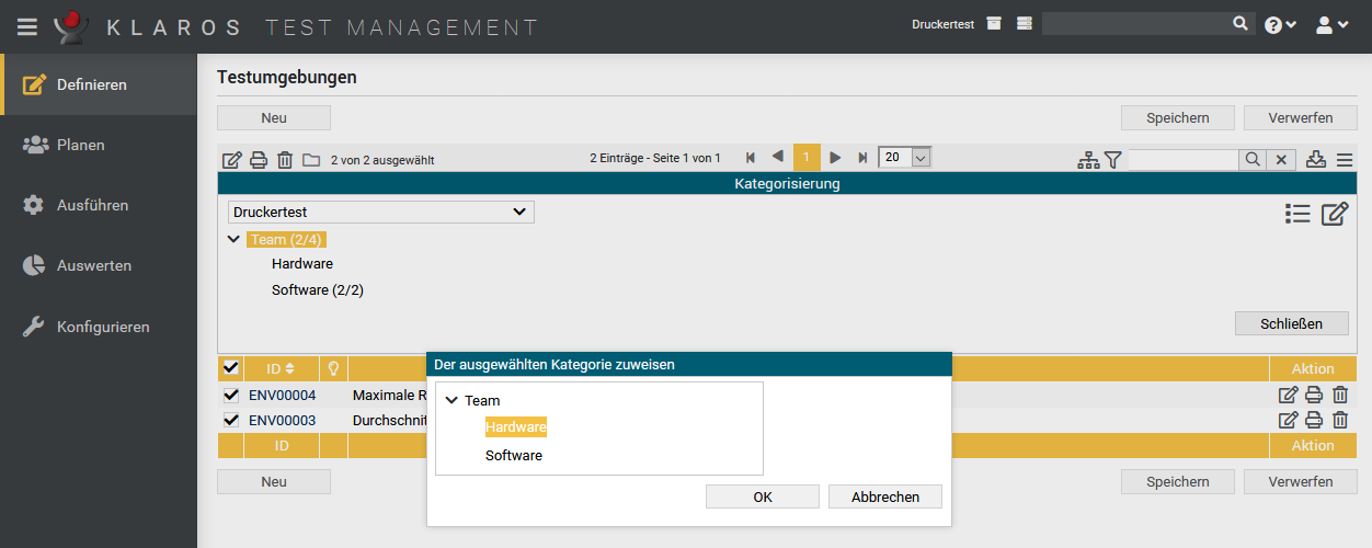 Testumgebungen an Kategorien zuweisen