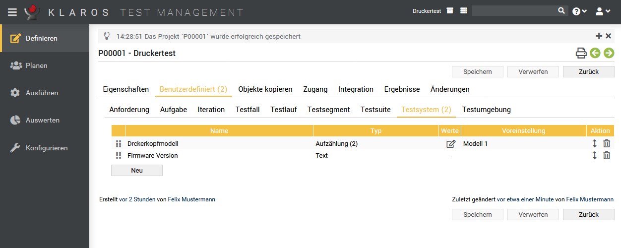 Die Ansicht Benutzerdefiniert / Testsysteme