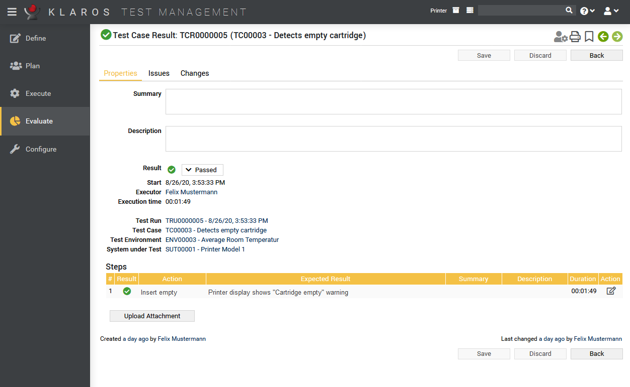 The Test Case Result page