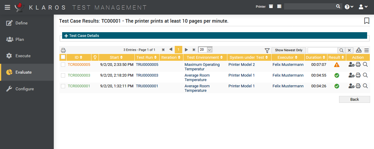 The Test Case Result page