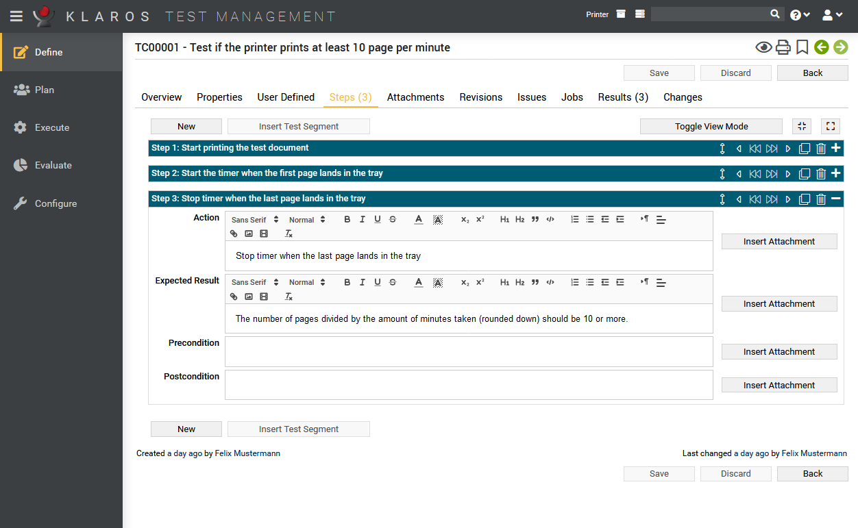 The Test Case Step tab in the Test Cases page