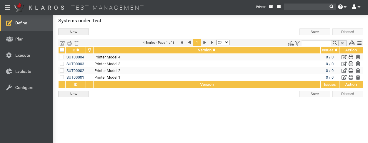 The Test Suites page